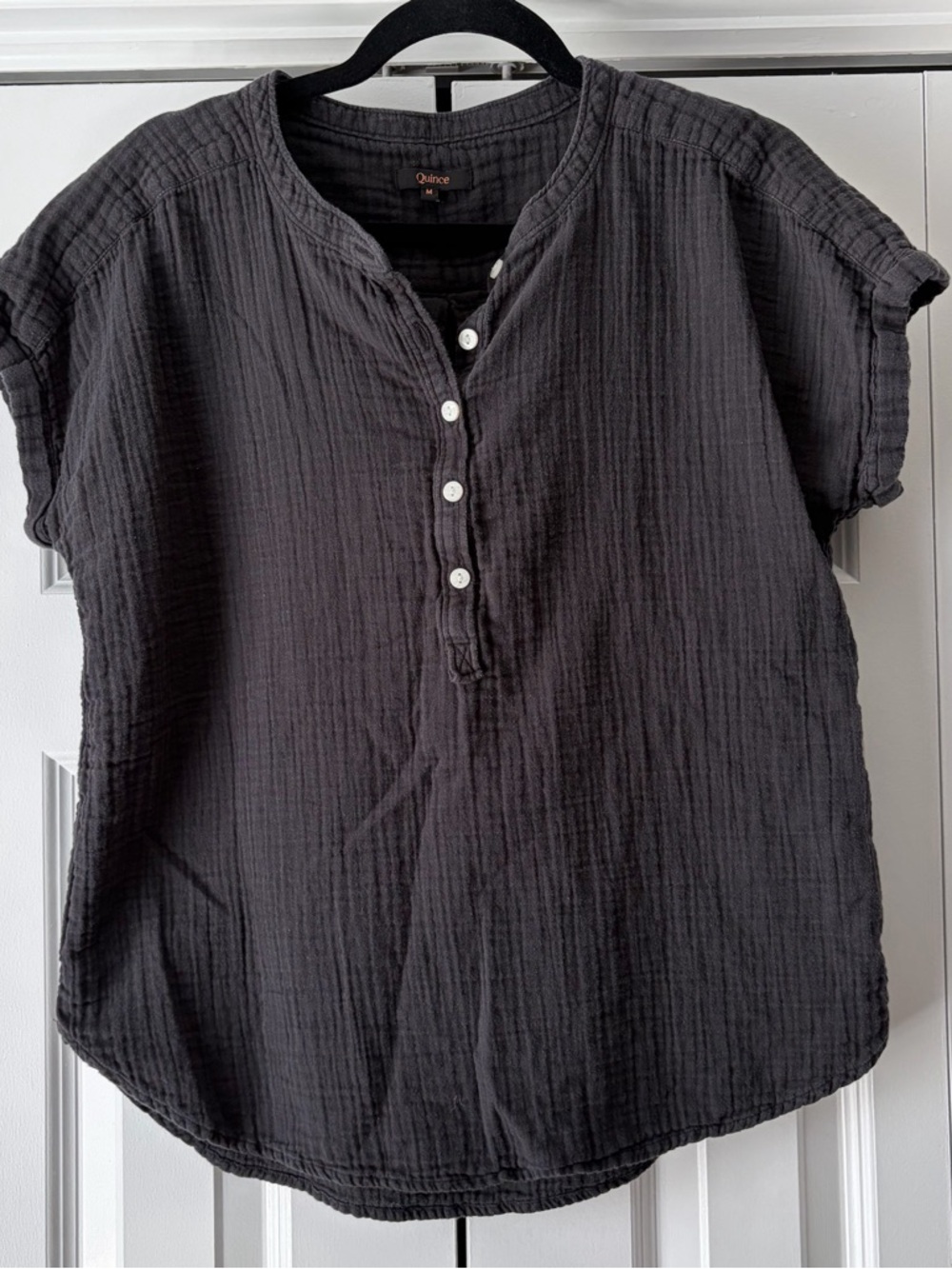 Quince Black Short-Sleeve Gauze Button-Front Top